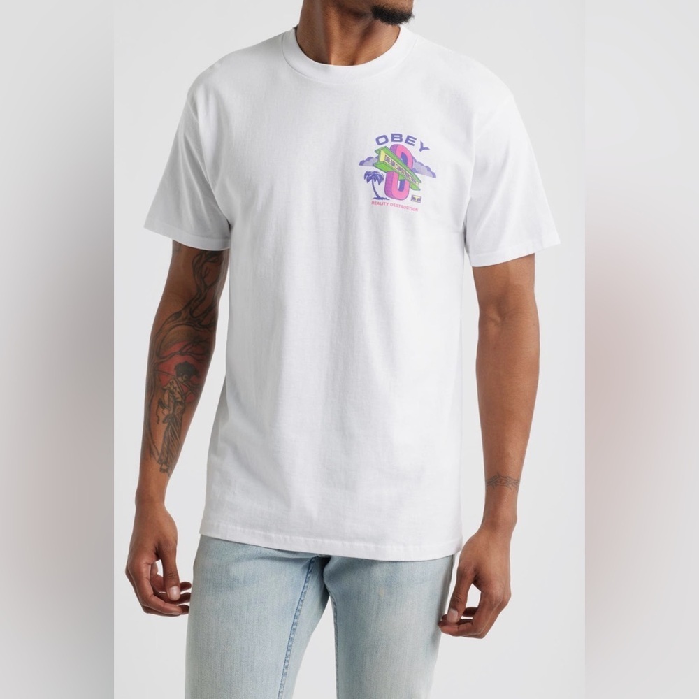 Obey White Short-Sleeve Tee with Neon Chest Logo